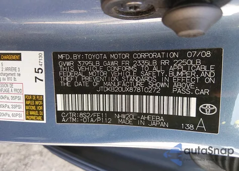 2008 Toyota Prius из США, поврежденный, VIN JTDKB20UX87810272